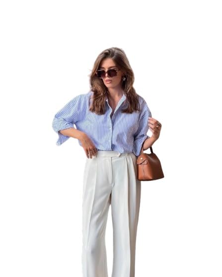 MAYKR Women Striped Shirt,Oversized Cotton Shirt