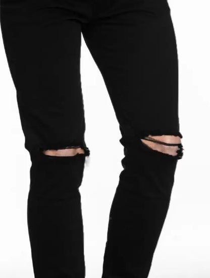 Linaria Mens Black Stretchable Slim fit Knee Cut Jeans