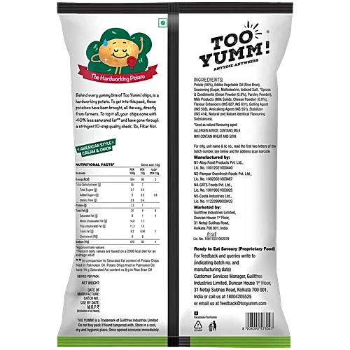 Too Yumm! American Style Cream & Onion Potato Chips, 82 g