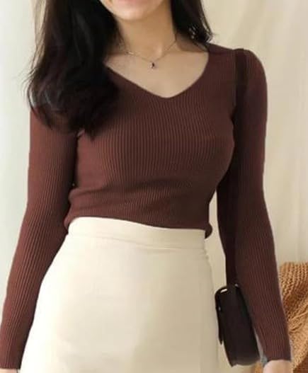 Casual Full Sleeve V Neck Ribbed Top for Girls