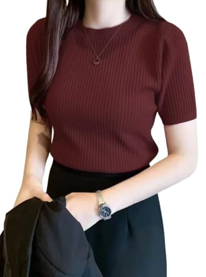 BQF Plain Round Neck Rib Knit Regular Top for Women