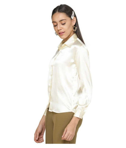 Bowrain Satin Silk Fabric Spread Collar Full Sleeve Top
