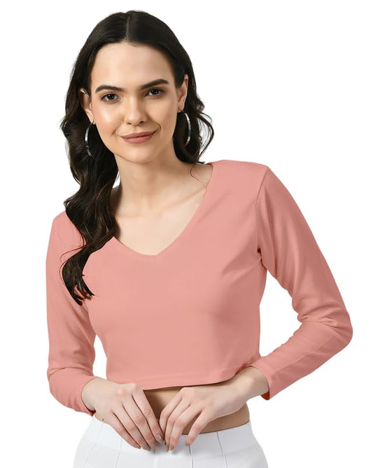 Dream Beauty Fashion Women's Polyester Slim Fit V-Neck Full Sleeve Crop Top (T/-Baati White-Medium)
