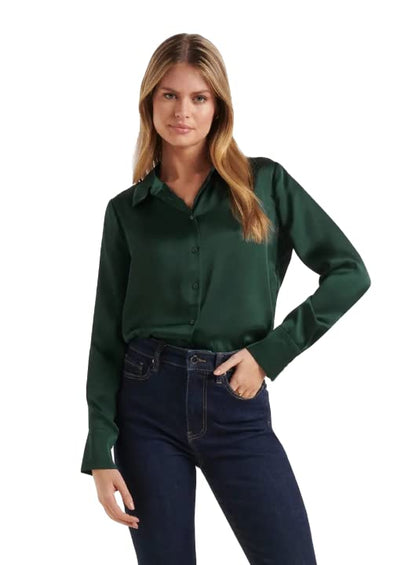 Bowrain Satin Silk Fabric Spread Collar Full Sleeve Top