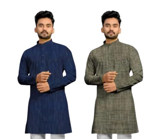 Men's Khadi Cotton Dark Jharna Long Kurta, Pack of 2