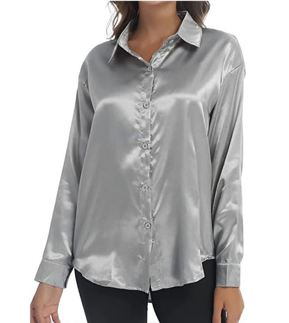 Bowrain Satin Silk Fabric Spread Collar Full Sleeve Top