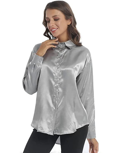 Bowrain Satin Silk Fabric Spread Collar Full Sleeve Top