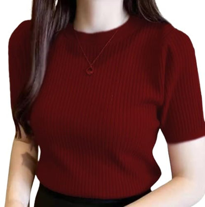 BQF Plain Round Neck Rib Knit Regular Top for Women