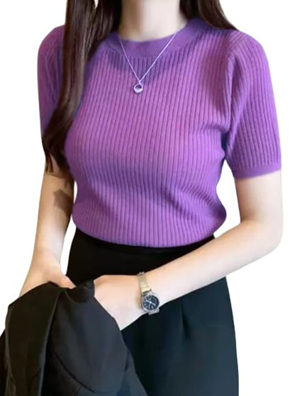 BQF Plain Round Neck Rib Knit Regular Top for Women