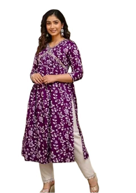 Women's Floral Print Rayon Kurta Set with Lace Pants