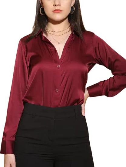 Bowrain Satin Silk Fabric Spread Collar Full Sleeve Top
