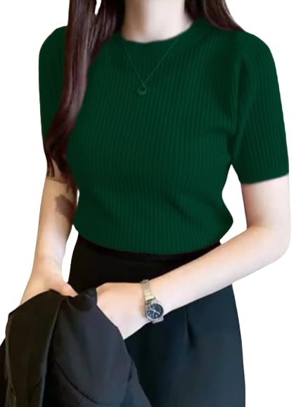 BQF Plain Round Neck Rib Knit Regular Top for Women