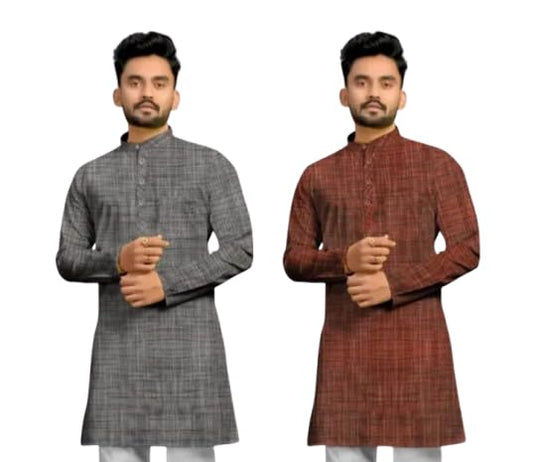 Men's Khadi Cotton Dark Jharna Long Kurta, Pack of 2