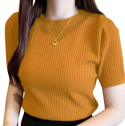 BQF Plain Round Neck Rib Knit Regular Top for Women