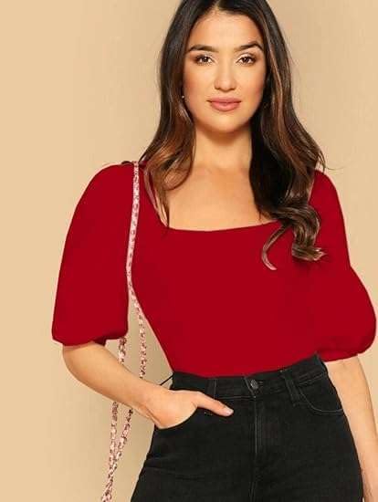 Dream Beauty Fashion Women's Bishop Puff Sleeves Square Neck Slim Top Polyester Blend