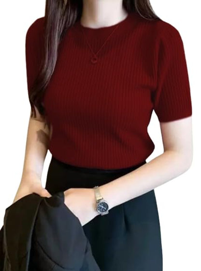 BQF Plain Round Neck Rib Knit Regular Top for Women
