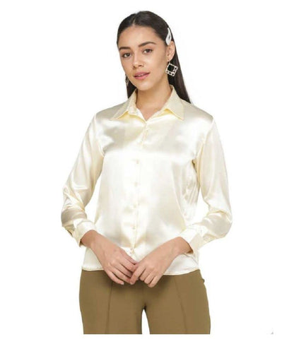 Bowrain Satin Silk Fabric Spread Collar Full Sleeve Top