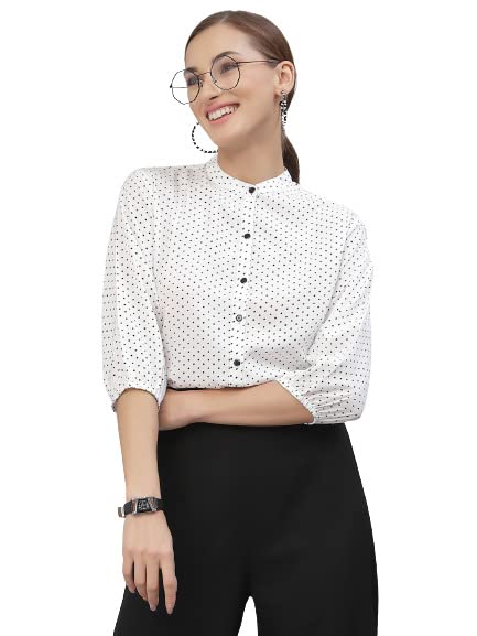 Style Quotient Women White and Black Polka Dot Printed Polyester Formal Top