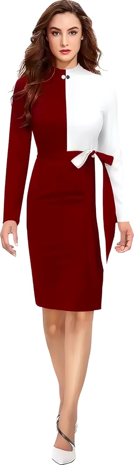 ZELZIS Women Polyester Colourblock Western Bodycon One Piece Dress (Classic Coller with Comfortable Belt)