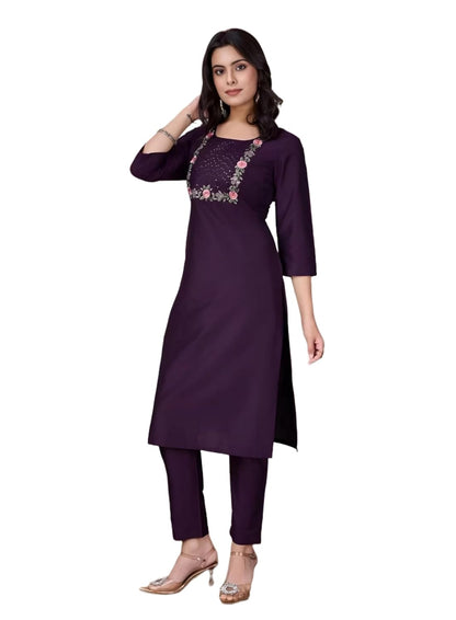 Women's Rayon Solid Plain v Neck Kurta Trouser/Pant Set