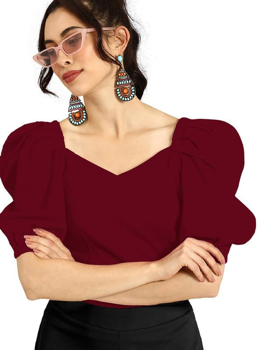 Dream Beauty Fashion Women's Puff/Baloon Sleeves V-Neck Casual Top (Top-MG-1)