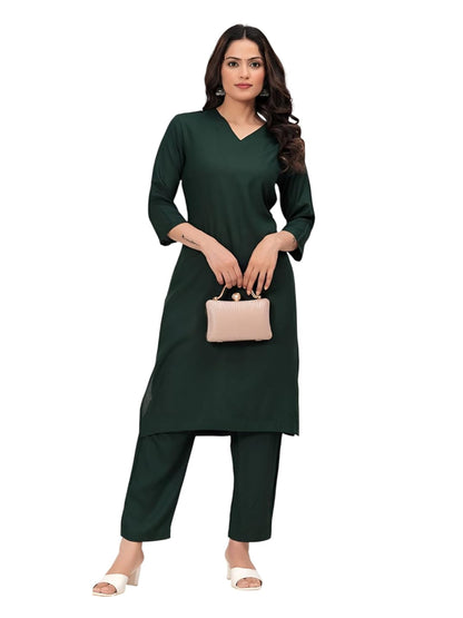 Women's Rayon Solid Plain v Neck Kurta Trouser/Pant Set