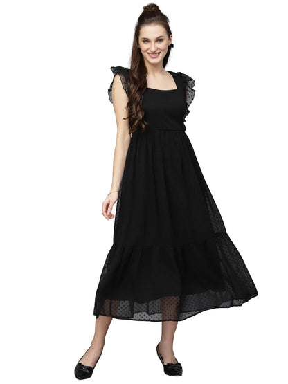 Jacquard Butti Square Neck Knee Length Western Dresses for Women