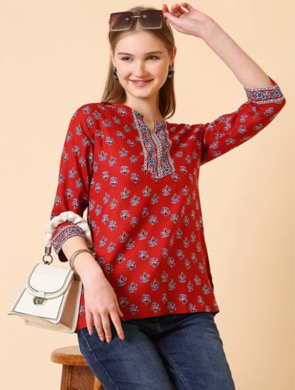 Women Rayon Floral Printed Short Kurta
