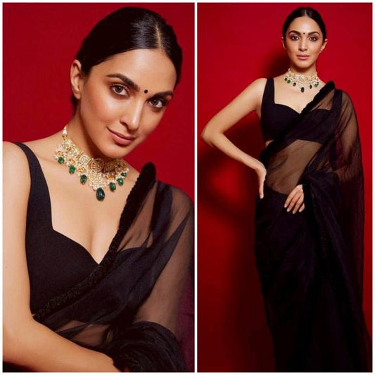 Plain Georgette Saree With Unstitched Blouse Piece
