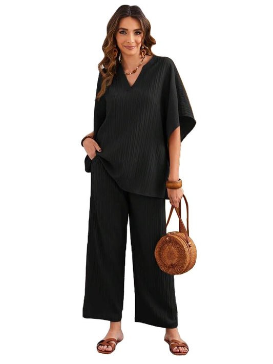 TADKEE Women's Solid Color V-Neck Kaftan Sleeve