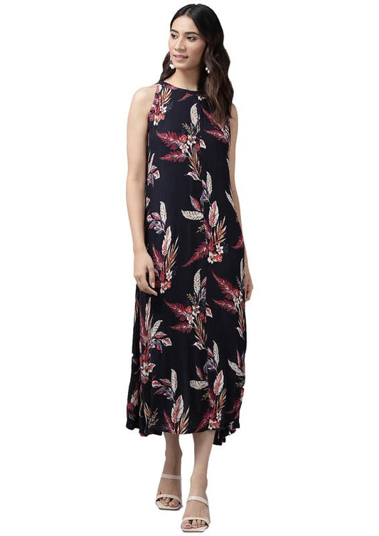 Yash Gallery Women's Rayon Crepe Floral Printed Knee-Length A-Line Dress for Women