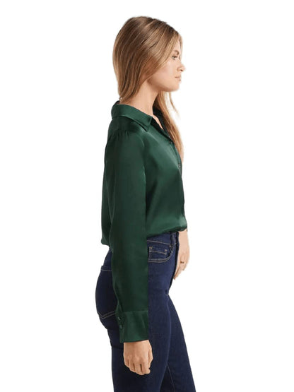 Bowrain Satin Silk Fabric Spread Collar Full Sleeve Top