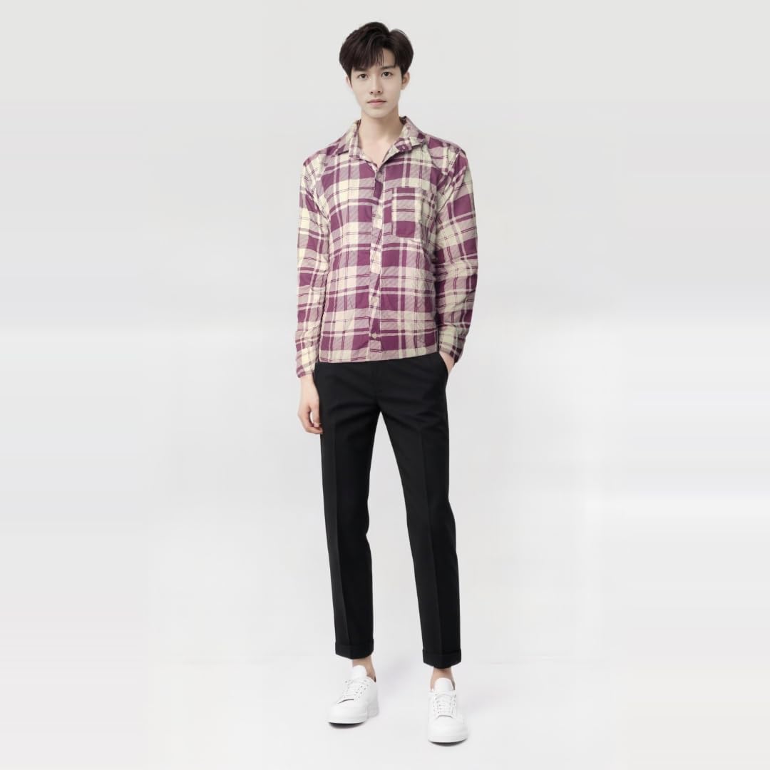 Classic Plaid Button-Down Shirt, Long Check Pattern