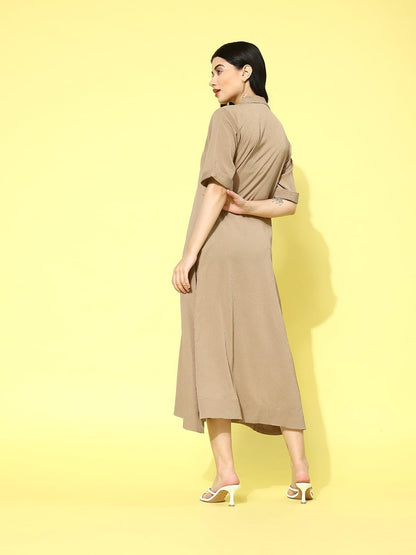 Varanga Women Beige Shirt Collar A-Line Dress