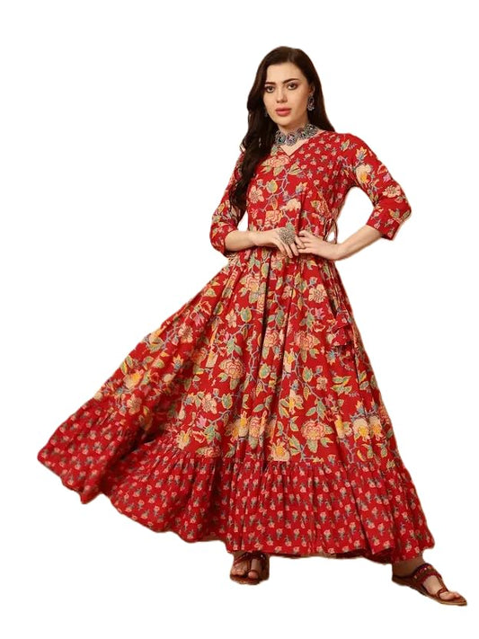Women's Rayon Anarkali Floral Printed Angrakha Kurta