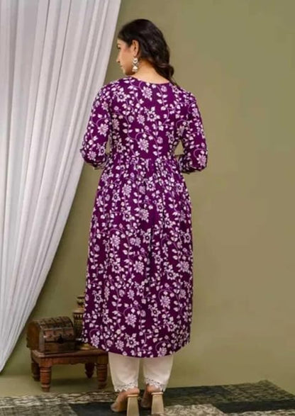 Women's Floral Print Rayon Kurta Set with Lace Pants
