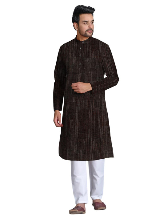 Men's Cotton Blend Full Sleeves Striped Long Ethnic Kurta