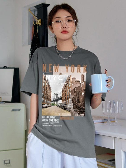 CHKOKKO Women's Polyester Oversized Fit Oversized Round Neck Drop Shoulder Printed T-Shirt