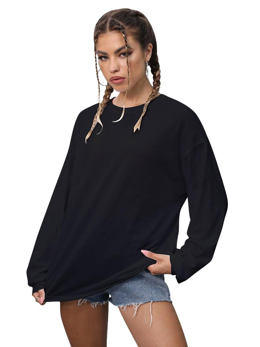 CHKOKKO Oversized Round Neck Drop Shoulder Solid