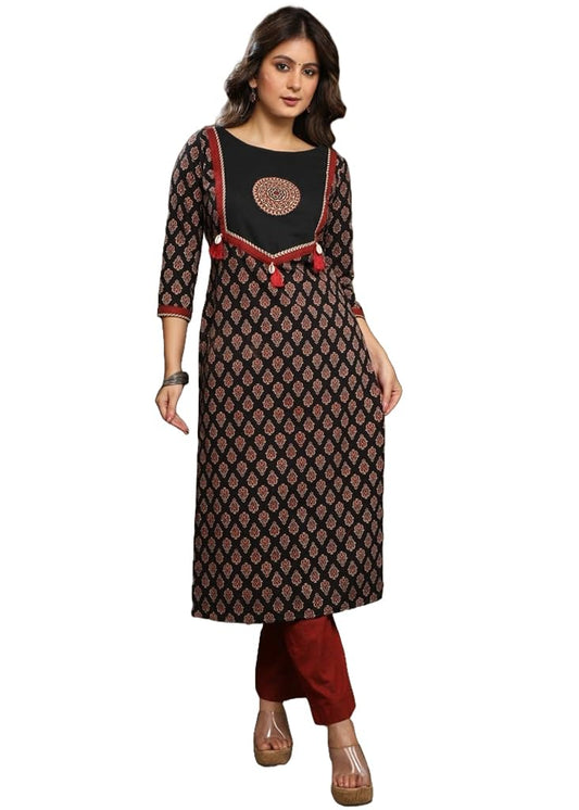 Siya Silk Straight Pure Cotton Ajrakh Print Black Kurti