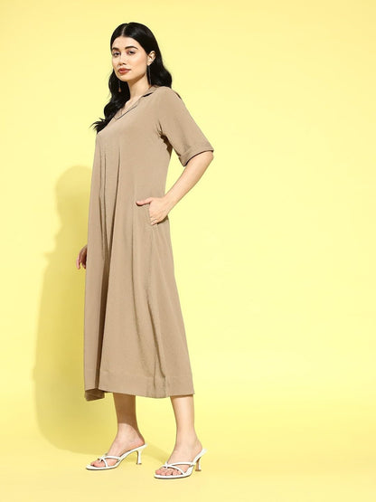 Varanga Women Beige Shirt Collar A-Line Dress