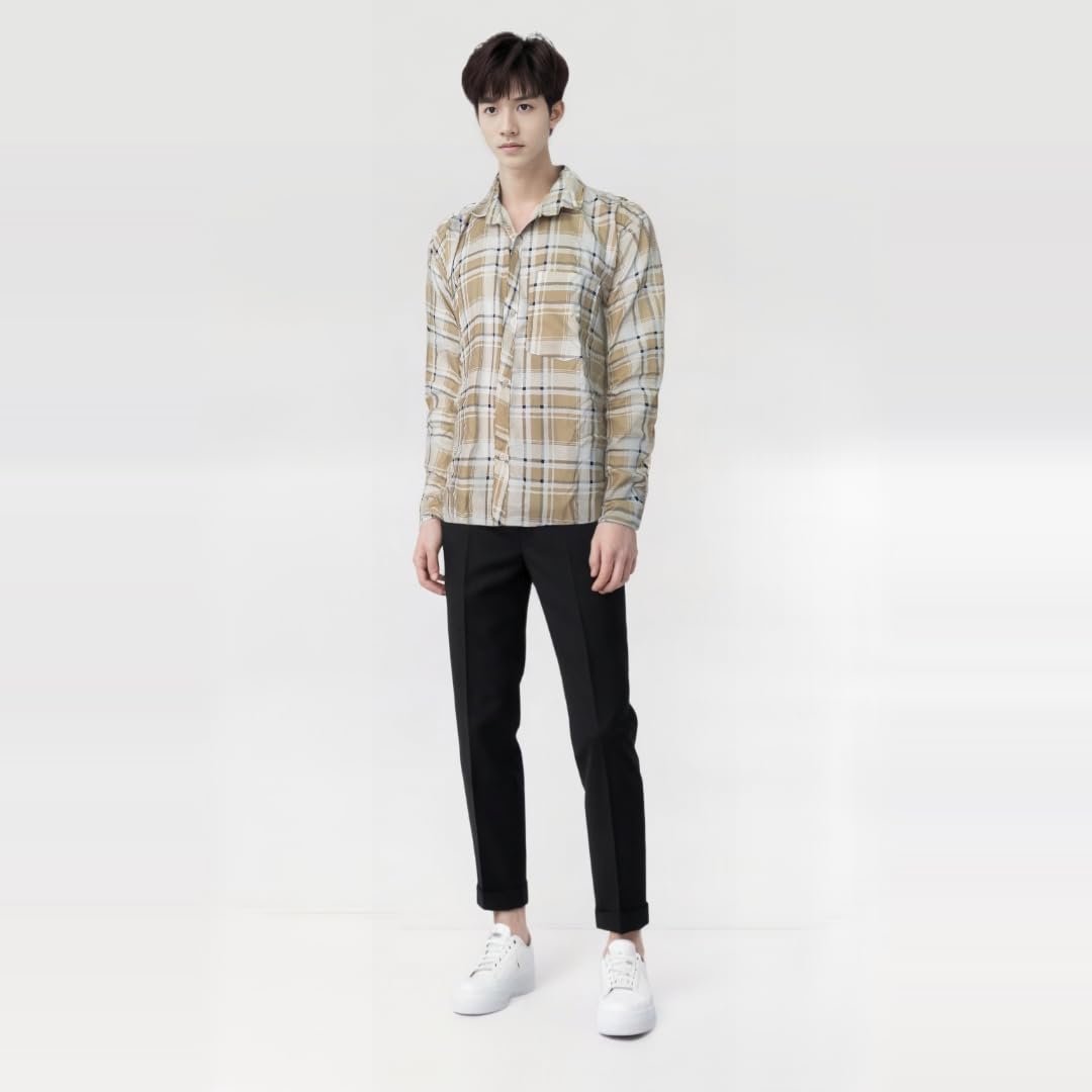 Classic Plaid Button-Down Shirt, Long Check Pattern
