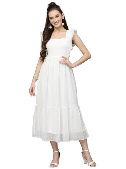 Jacquard Butti Square Neck Knee Length Western Dresses for Women