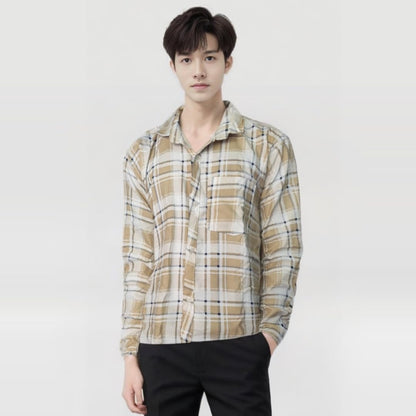 Classic Plaid Button-Down Shirt, Long Check Pattern