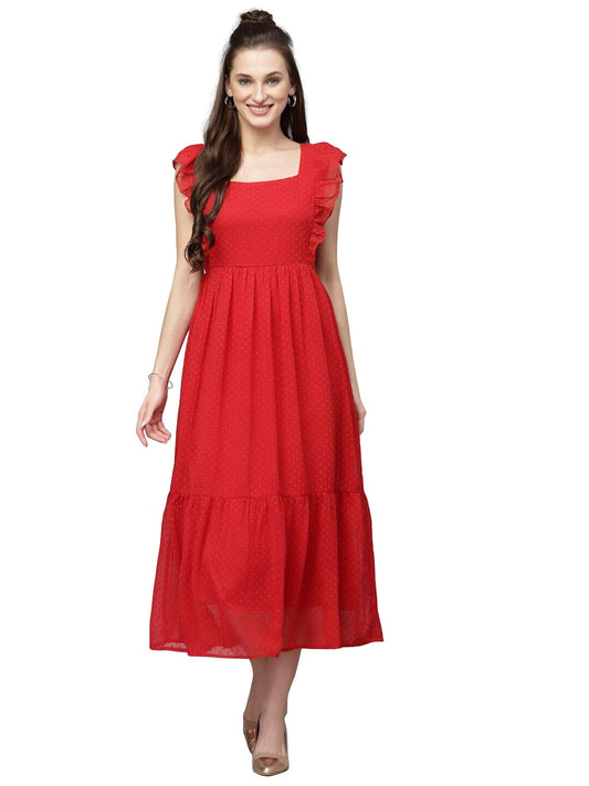 Jacquard Butti Square Neck Knee Length Western Dresses for Women