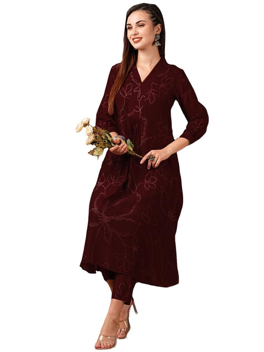 Women's Rayon Viscose Printed A-Line Kurta with Pant
