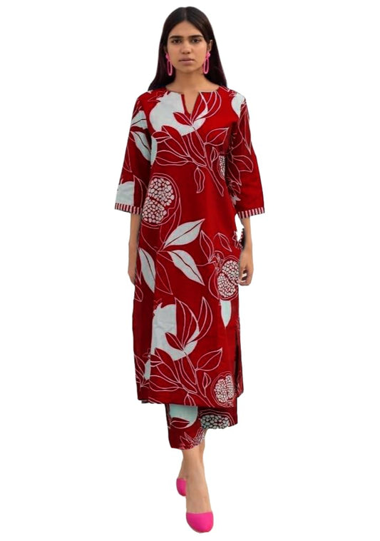Women's Cotton Blend Straight Printed Kurta with Pant