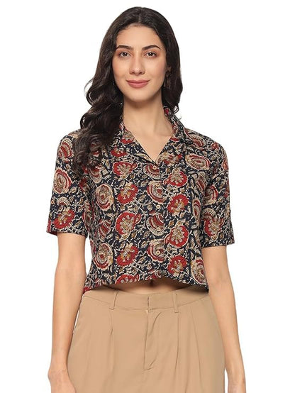 HION HILS Women's Kalamkari Printed Cuban Collar