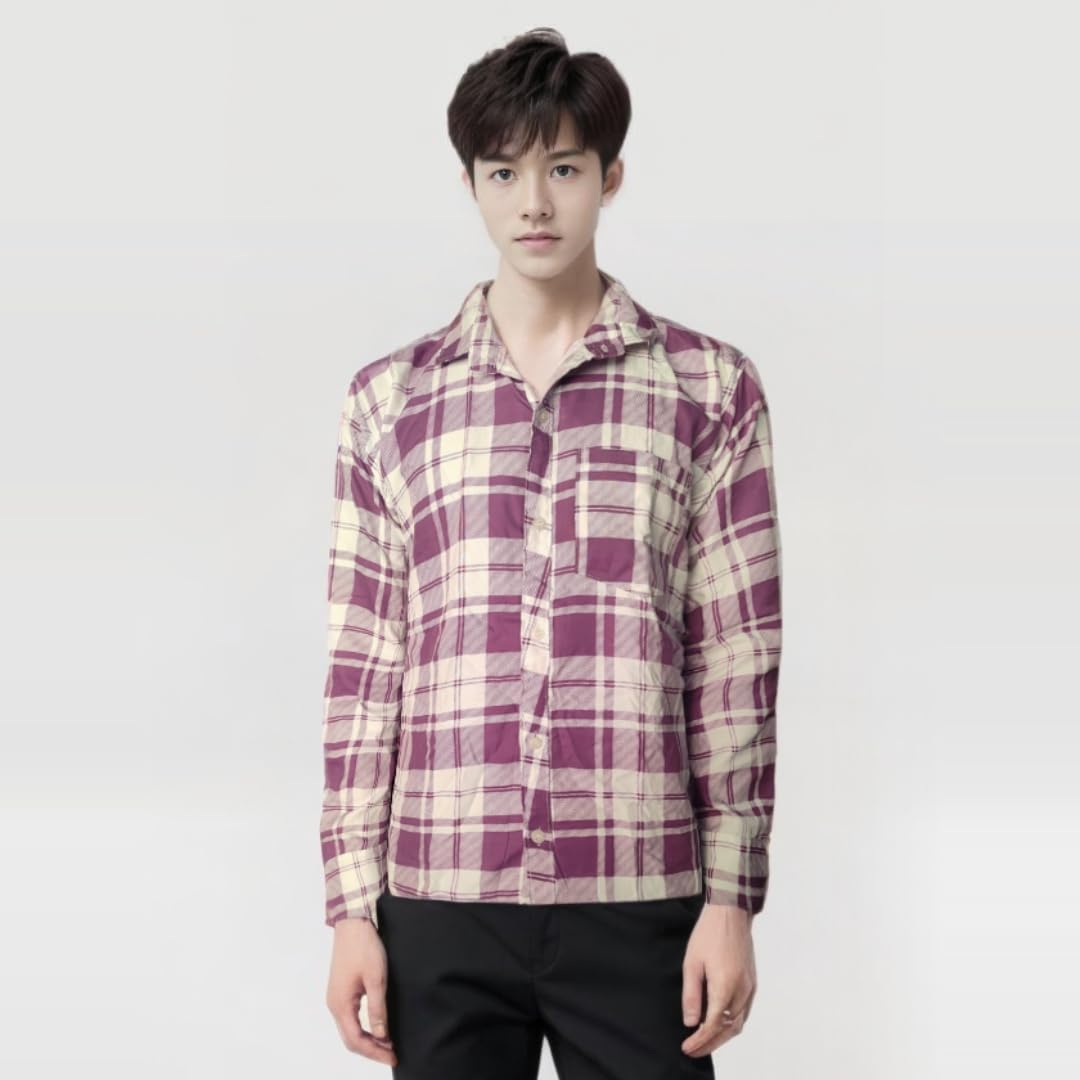 Classic Plaid Button-Down Shirt, Long Check Pattern