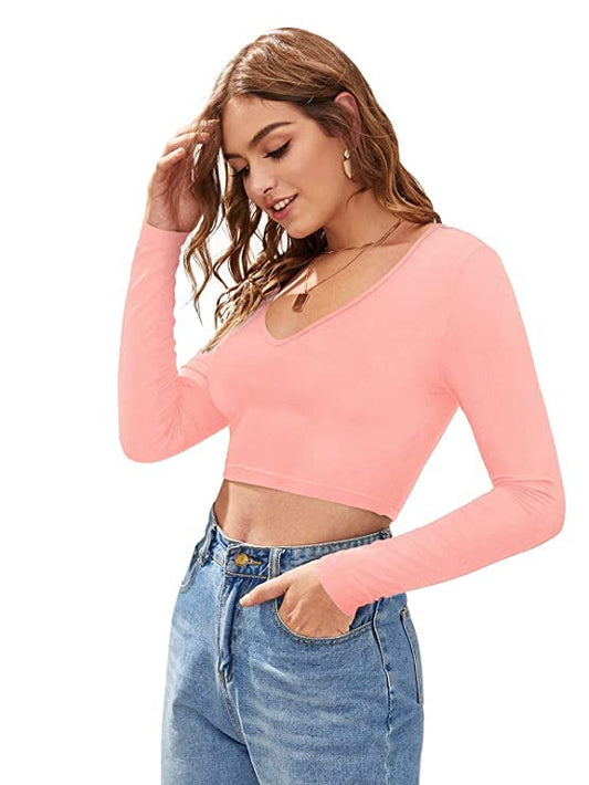 Dream Beauty Fashion Women's Polyester Slim Fit V-Neck Full Sleeve Crop Top (T/-Baati White-Medium)